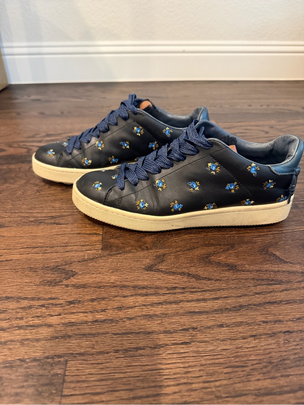 Coach Navy Leather Sneakers with Blue and Yellow Floral Embroidery